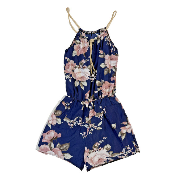 Floral Romper Womens Small Navy Blue Pink Rose Drawstring Waist Pockets Summer - Picture 1 of 3